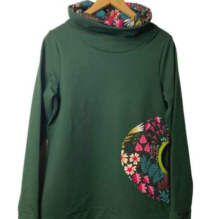 sweat vert sapin fleurs col snood crapouillette