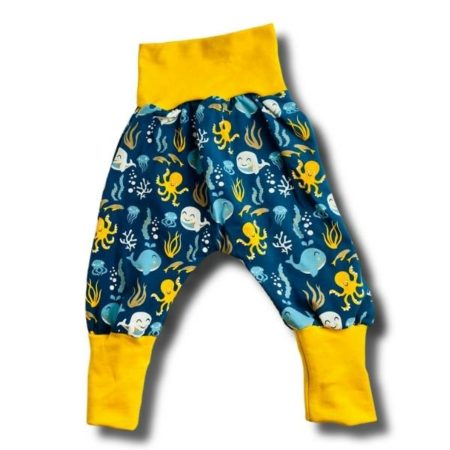 Pantalon évolutif jaune et bleu motif poulpe et baleine